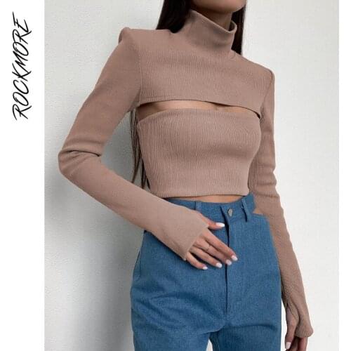 Rockmore Turtleneck Hollow Out Crop Top Women Sexy Casual Long Sleeve T Shirt Harajuku Female T-Shirt Streetwear Solid Basic Tee