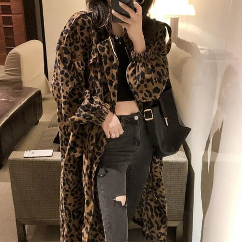 2021 New Womens Casual Leopard trench coat oversize Vintage Casual Spring Autumn windbreaker Outwear Loose Clothing