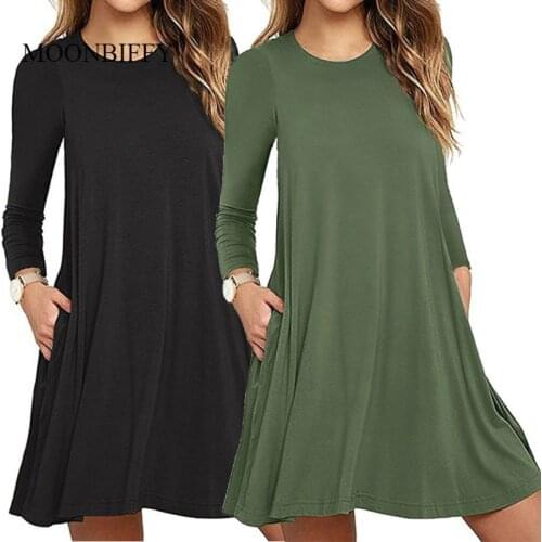 Color Pleated Swing Casual Loose PulloversWomens Autumn Long Sleeve Round Neck Plain T-Shirt Dress Solid