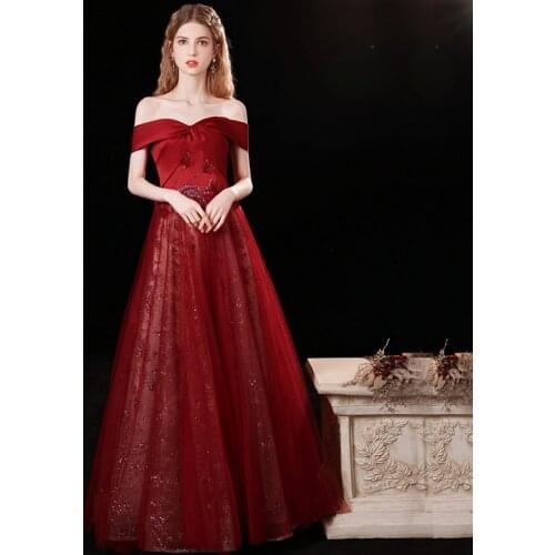Burgundy Appliques Evening Dress Elegant Boat Neck Empire Foor-Length Short Sleeves Lace Up New Woman Formal Party Gowns A1466