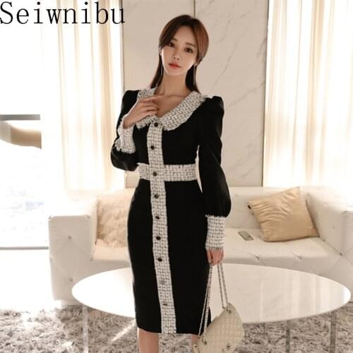 Fashion women outdoor warm midi pencil dress new arrival OL elegant slim simple temperament Tweed patchwork formal sexy dress