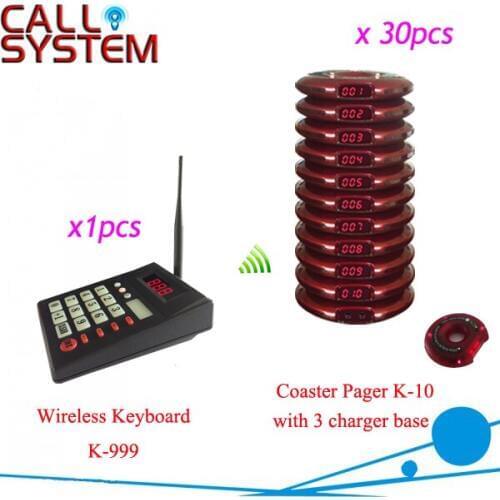1 transmitter + 30 pagers; Hot sale Wireless Queue Call System better service for waiting customer with 3 charger base