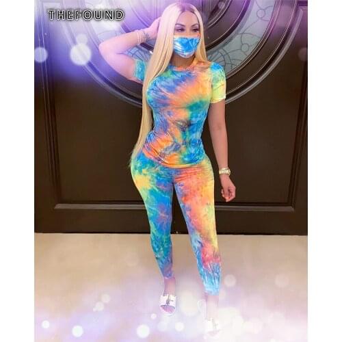 2020 New Style Womens Casual Sets Outfit Tie Dye Print Short Sleeve Top + Long Pant Set Summer Clothes (S/M/L/XL)