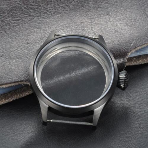 43mm black PVD Stainless steel parnis Watch CASE Brushed Bezel Sapphire Glass fit 6498 6497 movement