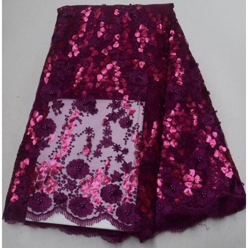 5yards/pc) High quality African French net lace fabric sequins tulle lace with beads and embroidery for party dress FLP964