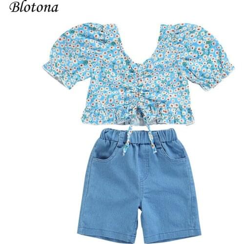 Blotona Girls T-shirt and Shorts Set Fashion Floral Short Sleeve Ruffles V-Neck Tops and Solid Color Denim Short Pants 1-6Years