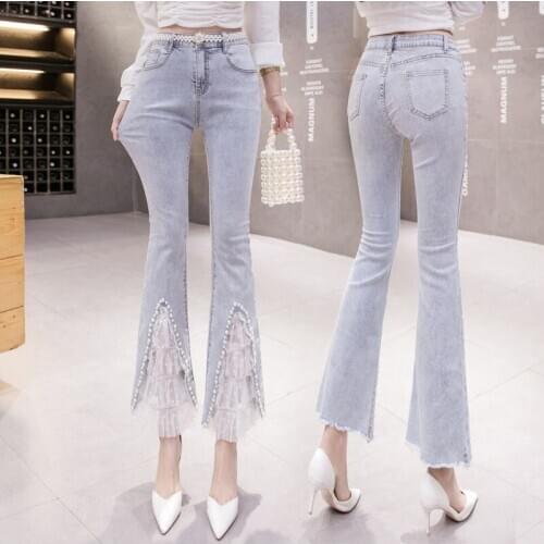 HOT Spring and Autumn Womens jeans Woman pants Bell-bottoms 9-point pants High waist Show thin Light blue All-match Fashion