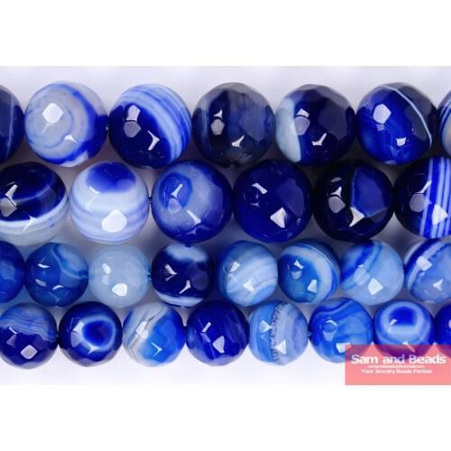Natural Stone Faceted Lapis Blue Stripe Agates Beads 4.6,8,10,12mm pick size for jewelry making LBSB01