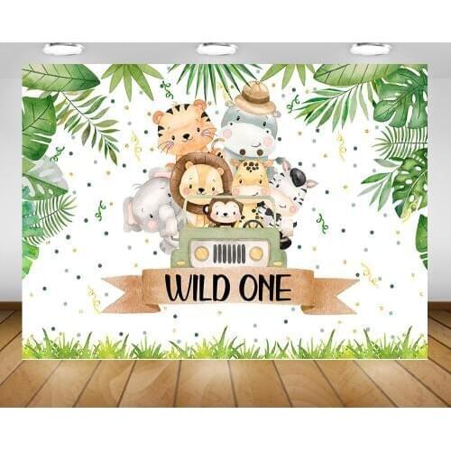 Wild One Birthday Backdrop Decor Jungle Animals Safari Party Background Green Forest Newborn 1st Birthday Art Photocall Props