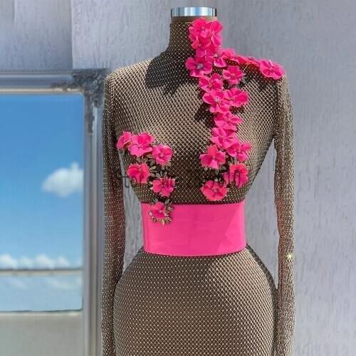 Dubai High Neck Evening Dresses Crystals Flowers Muslim Long Sleeve Evening Gowns Longue Robes De Soiree