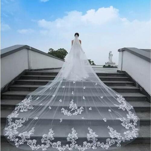Real Picture Wedding Lace Appliqued Edge White ivory Veils Long Cathedral Length Bridal With Comb Custom Accessories Veil