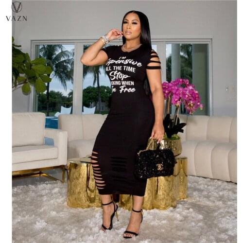VAZN 2021 Hot Popular Letter Black Simple Hollow Out Top Short Sleeve Long Maxi Dress High Waist Women Dress
