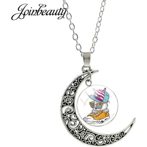 JOINBEAUTY Rabbit in Shoes Cartoon Animal Lovely Necklace Handmade Hollowing Out Moon Pendant Glass Dome Cute Girl Jewelry RT01