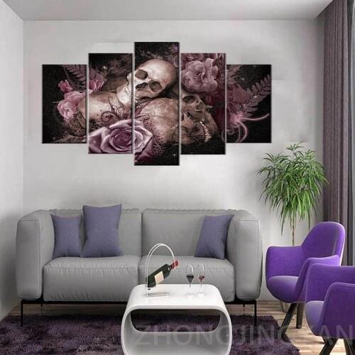 HD Printed sugar skull and roses Painting 5 piece Canvas art Print room decor print poster picture canvas Framework Artwork