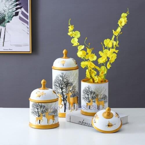 Ceramic Storage Tank Flower Vase with Cover Golden Deer Relief Modern Home Decoration Desktop Storage Organization Animal