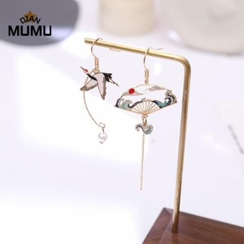 Chinese Style Earrings Asymmetrical Fan Crane Wave Earrings Elegant Hollow Earrings Ear Clips For Woman Fashion Luxury Gifts