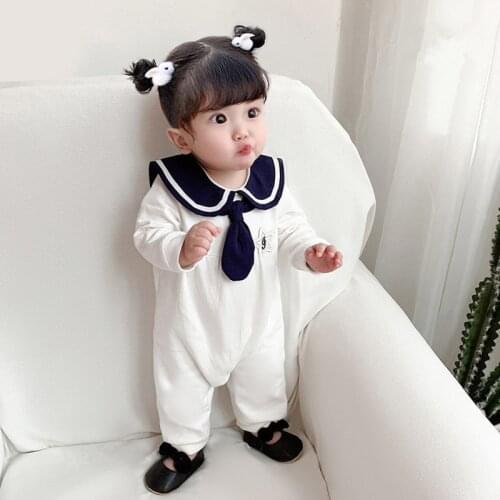 Baby Clothes White Long Sleeve Sailor Collar Cotton Newborn Girls Romper with Tie 0-24 months