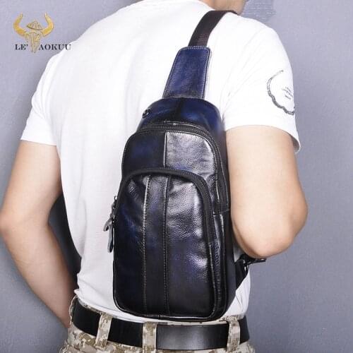 Men Quality Leather Casual Design Chest Sling Bag Fashion Blue Travel One Shoulder Bag 8" Tablet Umbrella Daypack Male 8006