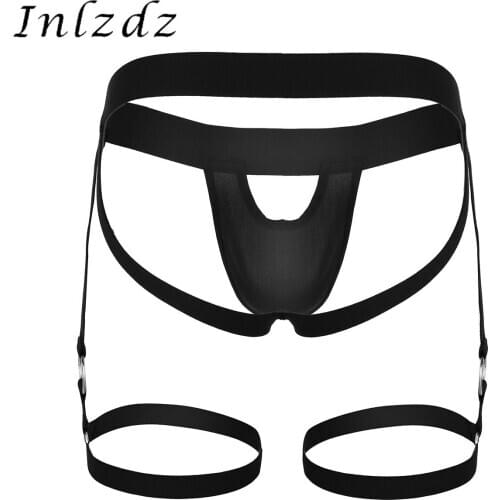 Black Mens Lingerie Underwear Bulge Pouch Open Butt Jock Strap G-string Briefs with Leg Garters Band and O-rings Underpants