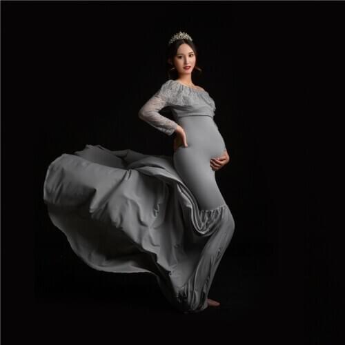 Grey Long Sleeve Mermaid Botton Train Maternity Dress Oversized Maternity Gown for Photoshoot Wedding Dress Pregnancy Gown