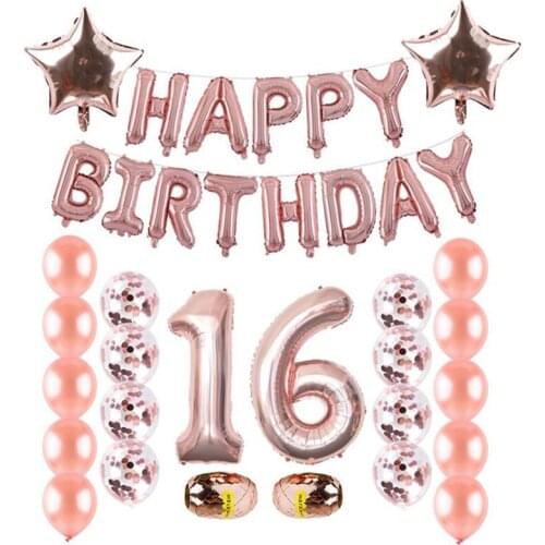 Rose Gold Birthday Party Decoration Sweet 16 Birthday Girl Party Balloon Tableware Photo Props Decoration Supplies WQ03