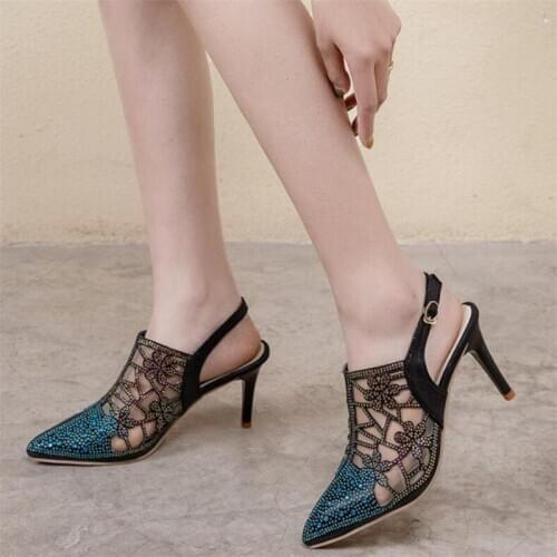 Sandals womens summer 2020 new rhinestone mesh gauze hollow pointed fine heel sexy Black Golden 8CM high heels