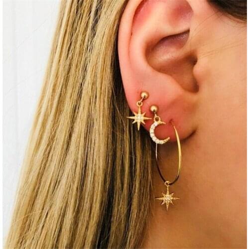 New Creative Fashion Asymmetric Stars Moon Two Pairs Stud Earrings Flow Planet Moon Long Earrings Women Jewelry Costume Jewelry