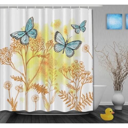 Sunny Spring View Lively Butterflies Flying Around The Flowers Waterproof Fabric High Quality Custom Bathroom Curtain With Hooks