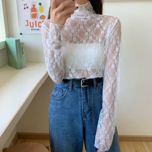 Women Blouse Shirt Womens Turtleneck Lace Long-Sleeved Mesh Top Blusas Mujer De Moda