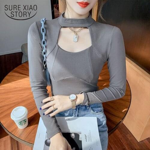 2021 Autumn Winter New Hanging Neck Top Womens Half High Neck Hollow Bottoming Shirt Womens Slim Long Sleeve T-shirt 16304