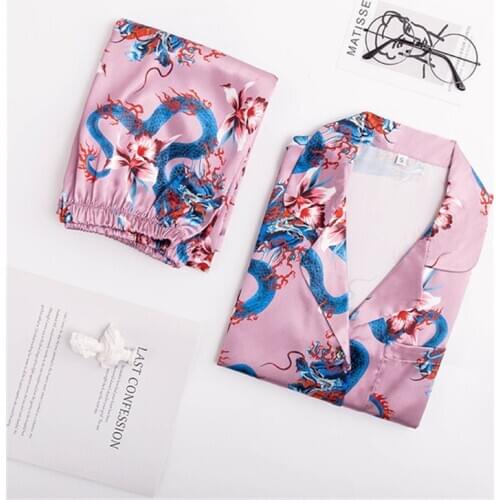 Womens new pajamas summer dragon print long-sleeved trousers thin 2PCs loose home clothes kimono robe hot sale sexy nightwear