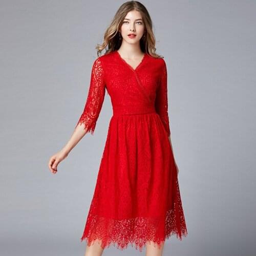 2020 spring fall women clothing , womens v neck 3/4 sleeve pleated high waisted red dress , woman