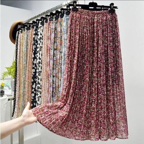 2021 New Spring Summer High Waist Women Skirt Floral 28 Colors Chiffon Pleated Skirts Elegant Beach Midi Skirts Mujer Faldas