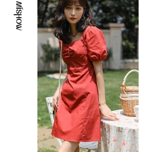 MISHOW Black dress womens 2021 summer Streetwear Robe Slim A-line French square collar puff sleeve red mini dresses MXA29L0288