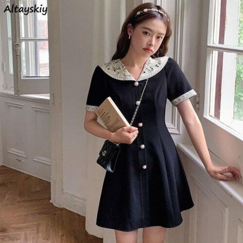 Dress Women Mini Leisure Elegant Lace All-match Sundress Summer Holiday Girls Cute Peter Pan Collar Design Stylish Korean Style