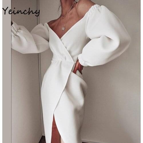 Yeinchy ladies sexy Deep V neck long Lantern sleeve Dress women stretch split Elegant Party maxi Dresses FM6256