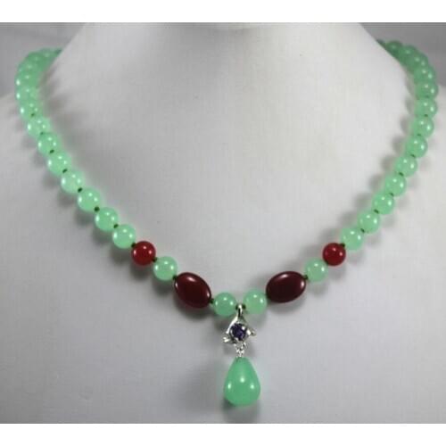 Free shipping beautiful wholesale/retail 8mm light green and red Jade necklace +14 mm green pendant