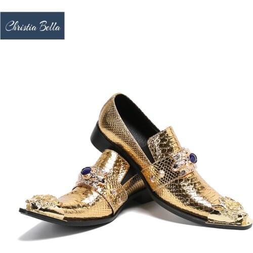 Christia Bella Gold Genuine Leather Men Shoes Rivets Metal Pointed Toe Club Party Dress Shoes Bridegroom Wedding Leather Shoes