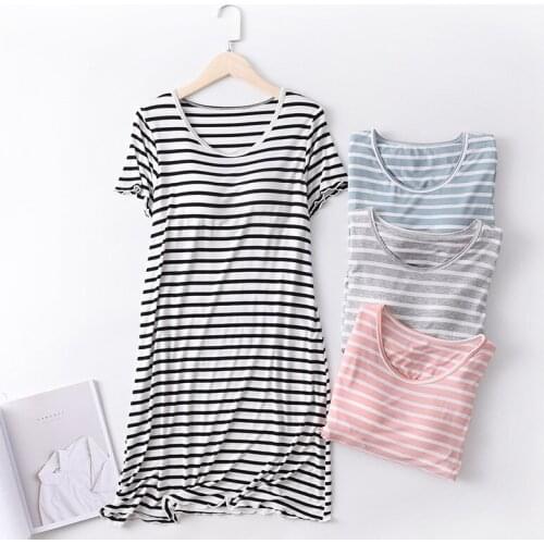 Modal short-sleeved long skirt pajamas with chest pads striped loose thin frills plus size dress women
