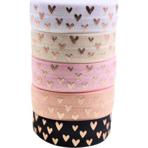 T.R 15mm heart printed fold over elastic ribbon rose gold foil FOE for wedding party Valentines Day
