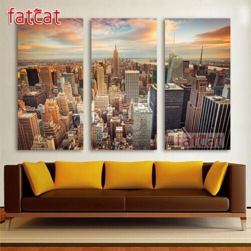 FATCAT the view of the city Large triptych 5D Diy Diamond Painting full mosaic diamond Embroidery Sale home decoration AE2736
