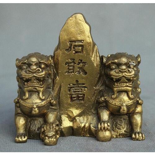 Chinese Folk ZhenZhai Copper Brass 2 Guard Fu Foo Dog Lion Statue Shi Guan Dang
