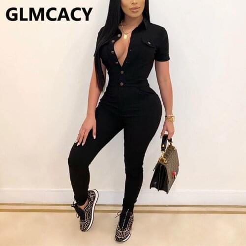 Short Sleeve Button Detail Jumpsuit Slim Cargo Pants Overalls