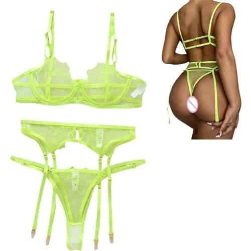Women Lace Lingerie Sets Sheer Adjustable Lace Bra Spaghetti Strap V-Neck Bra and Thongs Waistband Garters Suit Underwear Set