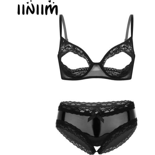 Womens Lingerie Set Sheer Lace Floral Adjustable Spaghetti Straps Nipple Split Unlined Bra Tops with Patent Leather Briefs