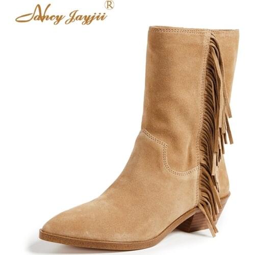 Brown Woman Ankle Boots Western Flock Fringe Chunky Heel Autumn Slip-on Solid New Fashion Famous Round Toe Female Ladies Size 39