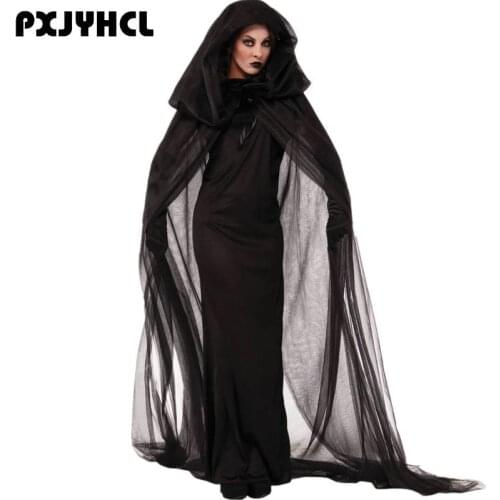 Halloween Adult Women Witch Vampire Cosplay Costume Fantasia Black Death Ghost Bride Hooded Cloak Long Dresses Clothing Uniform