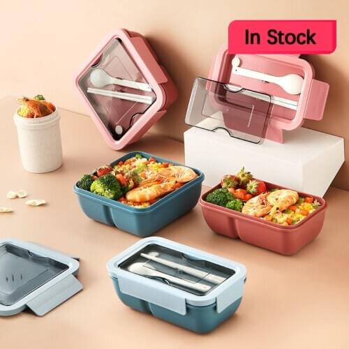 Student Japanese Lunch Box Wheat Straw Bento Box Microwave Heating Plastic Sealed Multi-cell Fresh-keeping Box Free Tableware
