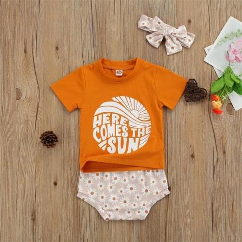 3 Piece Set Toddlers Summer Outfit Letters Print Short Sleeves T-Shirt + Daisy Pantie + Hairband for Baby Girls 0-24 Months