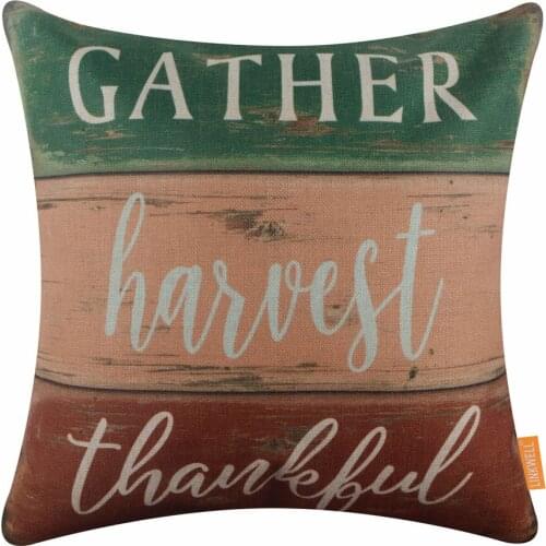 LINKWELL 18"x18" Wooden Plank Gather Fall Pillow Case Green Harvest Thankful Autumn Cushion Cover Farmhouse Thanksgiving